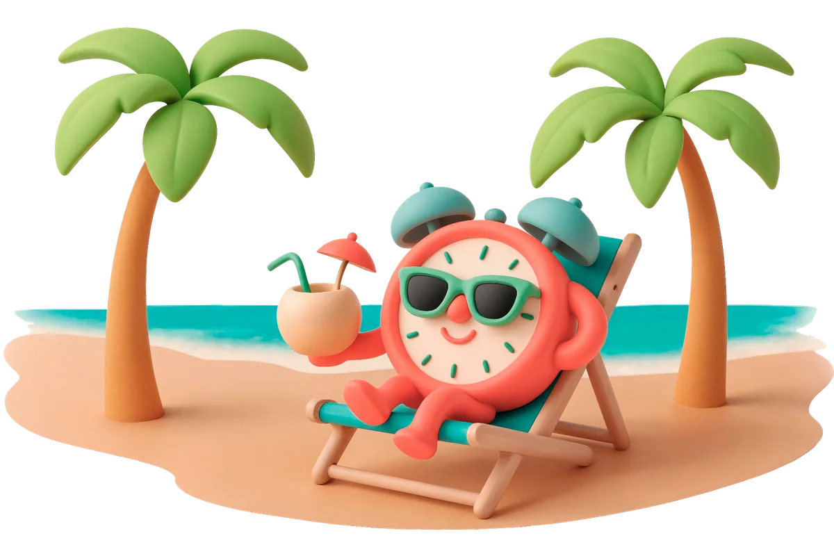 Reloj 3D relajado en la playa representando el tiempo libre con MomentiA